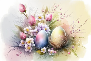 Watercolour painting easter eggs  on white background. For easter and spring greeting cards. Ai generated