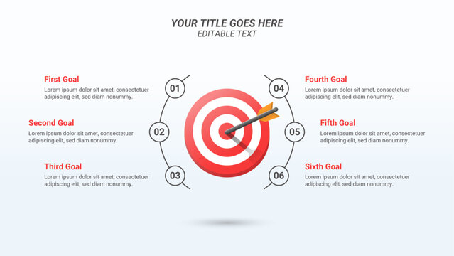 Company Goals Infographic Presentation Template With Six Options On A 16:9 Ratio With A 3D Isometric Bullseye Or Target Board And Arrows For Business Goals, Business Reports, And Website Design.