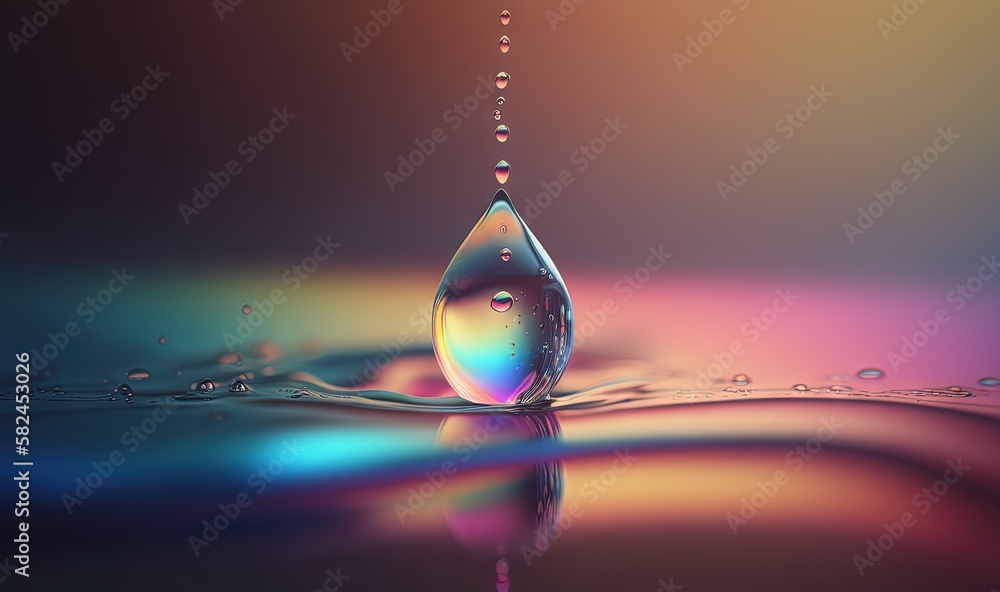 Poster a drop of water with a multicolored background and a drop of water on the surface of the water with 