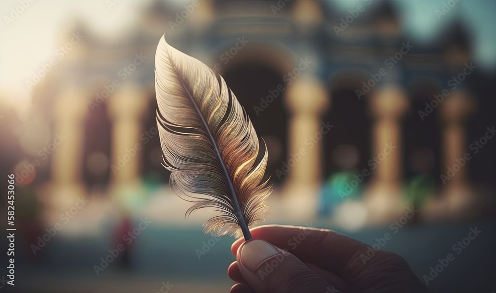 Poster a hand holding a feather quill in front of a building with a clock tower in the background and a blu