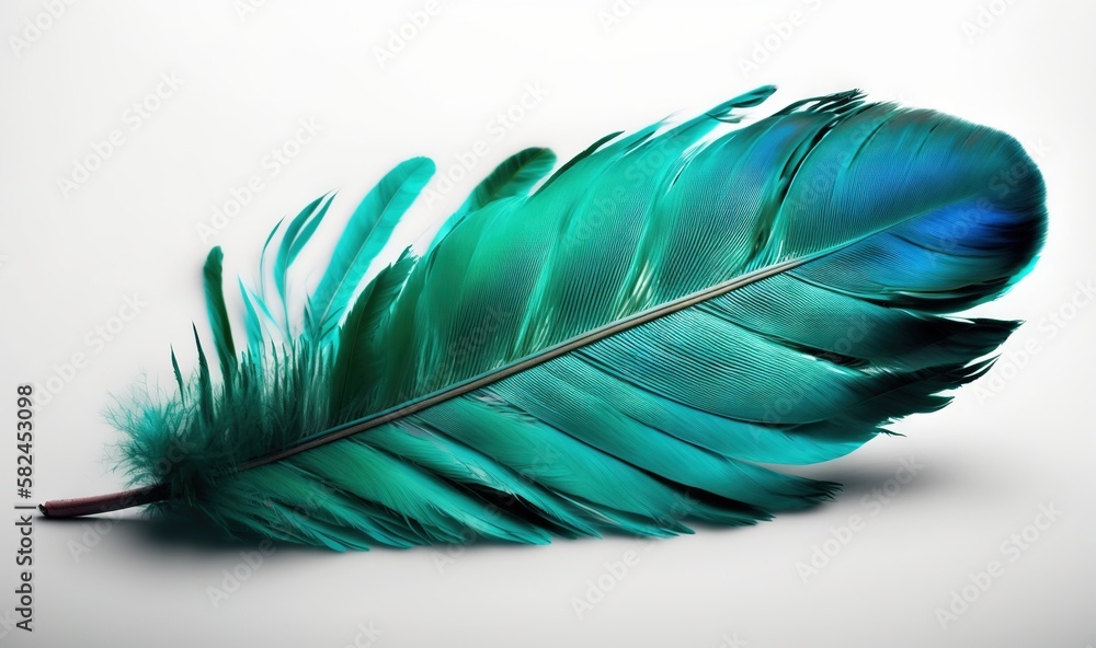 Poster a blue feather resting on a white surface with a white back dropping in the middle of the feather, w