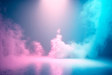 multicolored smoke of blue and pink colors in spotlight. Generative ai