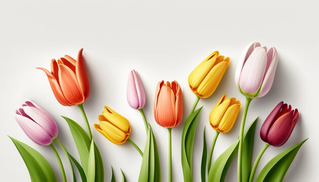 Spring colourful tulip flowers on white background fit for Valentine's Day, Easter, Birthday, Happy Women's Day, Mother's Day, wedding invitations, Flat lay. Space for text. Ai generated