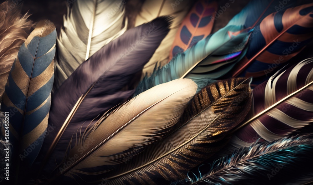 Poster  a close up of a bunch of feathers on a table top with a blurry image of the feathers on the wall in the background.  generative ai