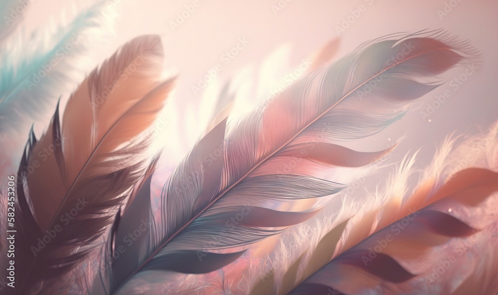 Poster a close up of a bunch of feathers on a white background with a blurry image of the feathers and the 