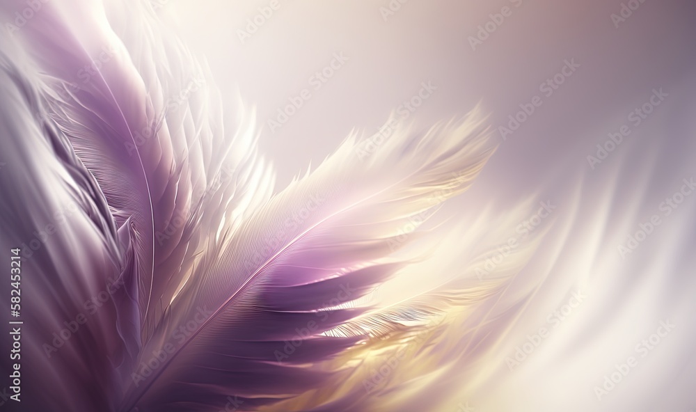 Poster a close up of a purple and yellow feather on a blurry background with a soft light effect to the lef