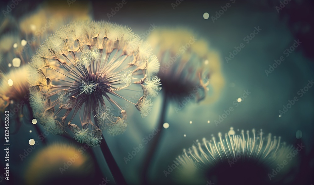 Poster a close up of a dandelion with drops of water on it's petals and a blurry background of the dandelio