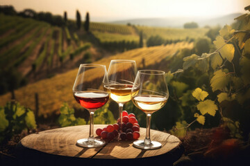 Vineyard Sunset: Illustration of a Beautiful Background for Red and White Wine. Generative Ai