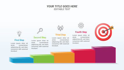 Four Step to Success Infographic Presentation Template on a 16:9 Ratio with 3D Isometric Bullseye or Target Board and Arrows for Business Goals, Business Reports, and Website Design.