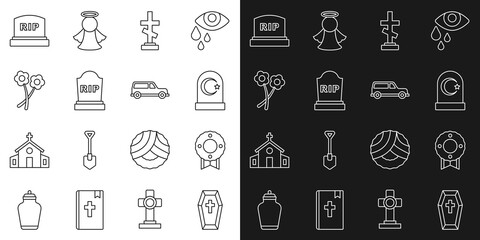 Set line Coffin with cross, Memorial wreath, Muslim cemetery, Grave, Tombstone RIP written, Flower, and Hearse car icon. Vector