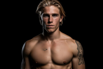 Portrait of a blonde sportive male model with his bare beautifull body and some tattoos. Generative a