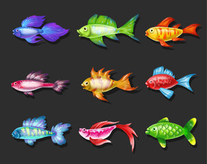 Colored cute sea fish. Vector cartoon set of freshwater
  aquarium characters isolated on black background. Varieties of decorative underwater  popular colored fish for print, children development
