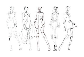 Set of young beautiful women in stylish clothes. Fashion sketch.