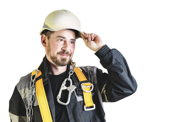 Positive friendly bearded male builder in a safety vest, safety hard hat and goggles. Shows a hand gesture. Isolated background.