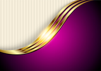 Business elegant background, gold purple metallic shiny metal waves design with striped pattern, vector illustration.
