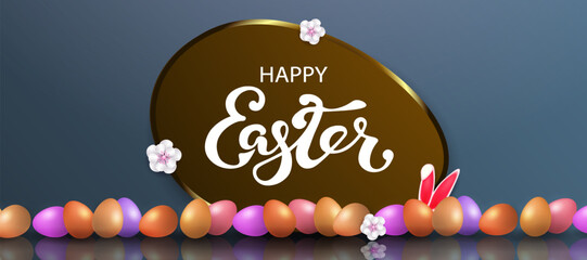 Blue composition with oval frame and colorful Easter eggs