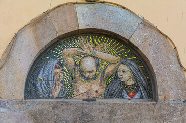 Mosaic facade of the ancient church of San Michele Arcangelo in Antraccoli, Lucca, Tuscany region, central Italy - 12th century
