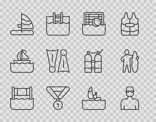 Set line Water volleyball net, Swimmer, polo, Medal, Windsurfing, Flippers for swimming, and Surfboard icon. Vector