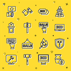 Set line Auction ancient vase, hammer, Online auction, Bid, Hand holding paddle, jewelry sale, and Price tag with Sale icon. Vector