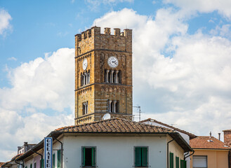 The ancient facade and bell tower of the Church of San Jacopo Maggiore, Altopascio, Lucca, Lucca province, Tuscany region, Central Italy