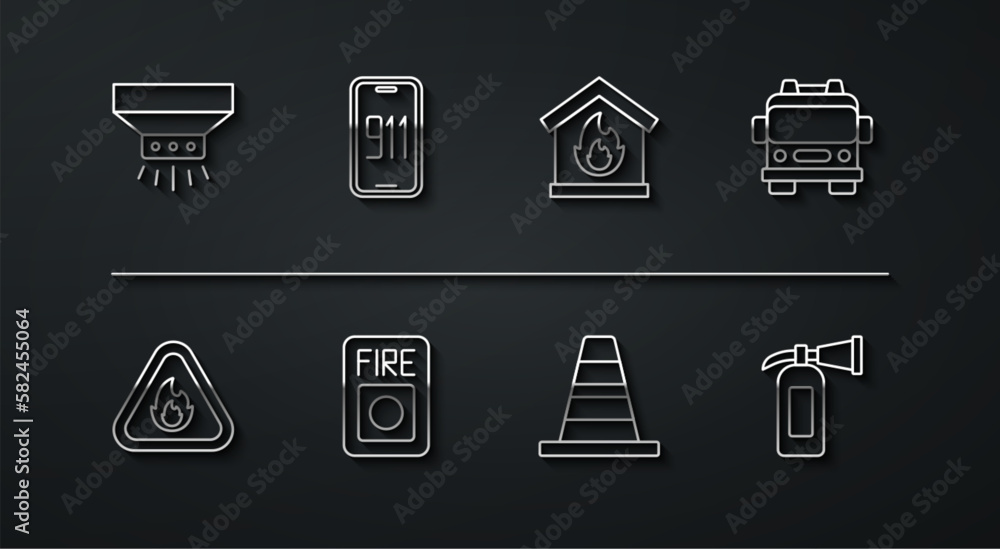 Poster Set line Fire sprinkler system, flame triangle, truck, Traffic cone, alarm, Mobile emergency call 911, extinguisher and burning house icon. Vector