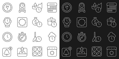 Set line Calendar summer, Clock, Work time, Stocks market growth graphs, Sun, 24 hours and Time is money icon. Vector