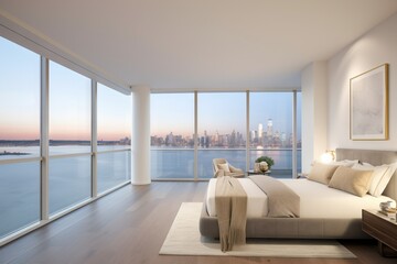 Master bedroom interior with panoramic view on the city skyline. AI generated