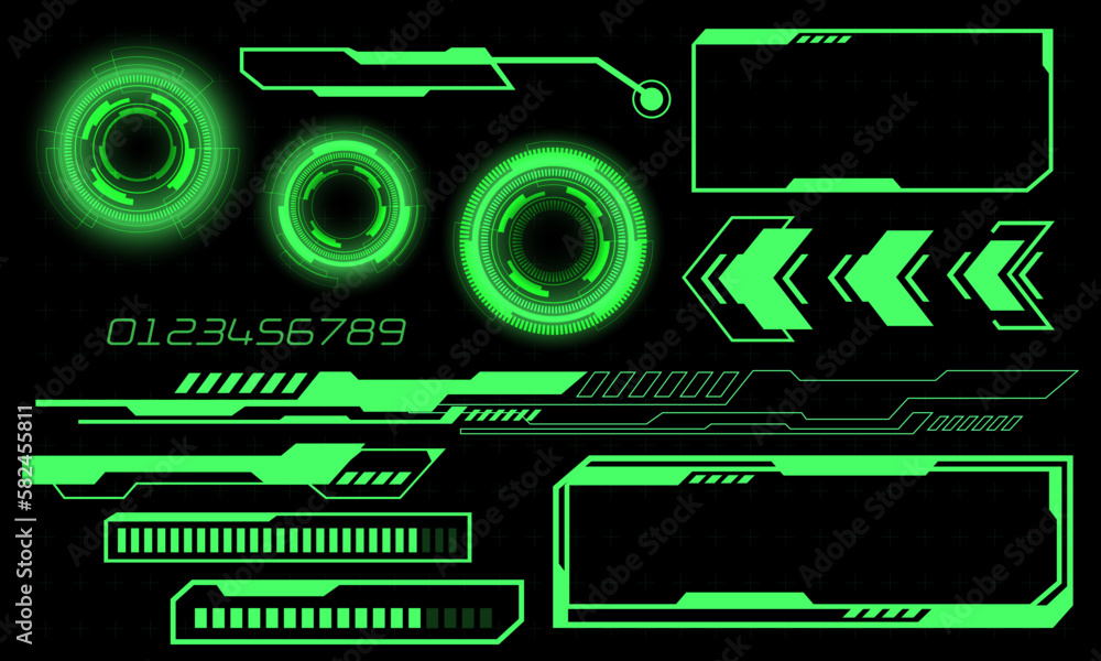 Poster set of hud circle modern user interface elements design technology cyber green on black futuristic v