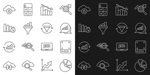 Set line Pie chart infographic, Server, Financial growth decrease, Sales funnel with, Cloud computing lock and icon. Vector