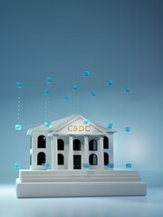 CBDC blockchain over bank building conceptual 3d rendering illustration. 