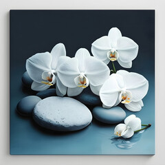 Fototapeta na wymiar branch of orchids with stone on blue background .ai generated