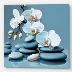 Fototapeta na wymiar branch of orchids with stone on blue background .ai generative