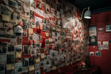 investigation wall, pins connected with red thread