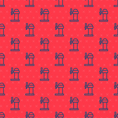 Blue line Dispenser beer icon isolated seamless pattern on red background. Beer wide tower with tap. Vector