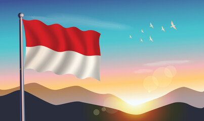 Monaco flag with mountains and morning sun in background