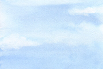 Blue, gentle, spring watercolor, texture background with a view of the sky and clouds in clear weather. Drawn by hand on paper. For decoration and design with place for text.