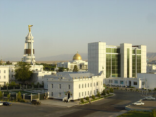 Downtown white buildings skyline with sky and copy space in city landscape of Ashgabat Turkmenistan - obrazy, fototapety, plakaty