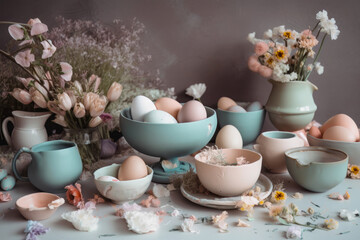 Obraz na płótnie Canvas A spring scene filled with pastel colors eggs ceramics. generative ai