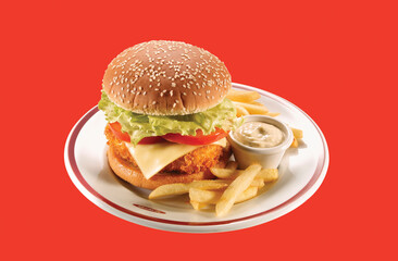 Hamburguesa con queso y patatas fritas sobre fondo rojo. Cheeseburger and French fries on red background..