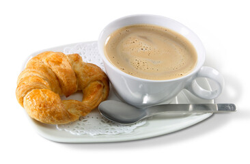 Café con leche y cruasán, desayuno. Coffee with milk and croissant, breakfast.