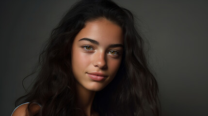 Beautifull dark haired teenaged model with long curly hair and a friendly look, standing in a photostudio before a dark gray background. generative ai 
