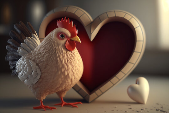 Love is in the Coop: A chicken with hearts in the background for Valentine's Day