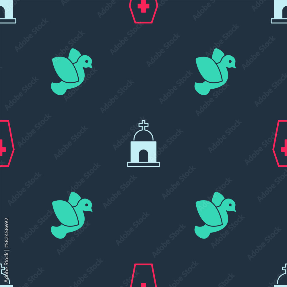 Poster set coffin with cross, old crypt and dove on seamless pattern. vector