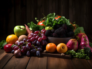 various fruits and vegetables together in a composition, generative ai