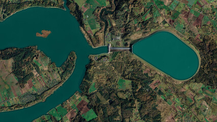 pumped storage hydropower plant, upper reservoir, lower reservoir and river, looking down aerial view from above – bird's eye view Kruonis Pumped Storage Power Station – Kaunas, Lithuania