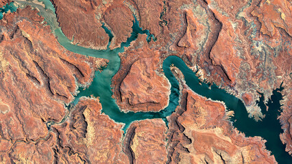 Colorado River, Lake Powell and Trachyte Canyon looking down aerial view from above – Bird’s...