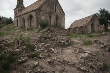 Fototapeta na wymiar abandon broken holy church during world war, generative art by A.I