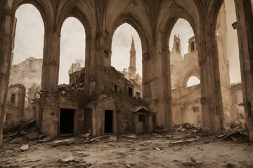 abandon broken holy church during world war, generative art by A.I