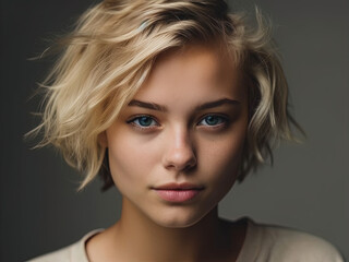 beautifull blonde girl model with a short curly bob and an intense look standing in a photostudio before a dark background. generative ai 