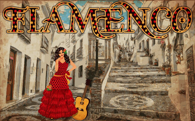 Flamenco dancer woman with   guitar, spanish city banner, vector illustration